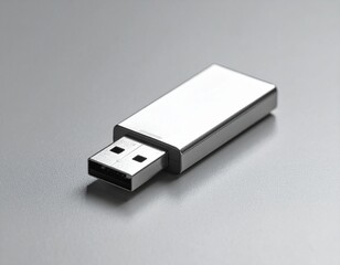 Single USB flash drive on pastel gray surface, metallic + gray tones, soft studio lig 