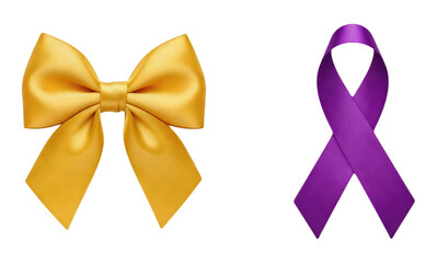 Golden Yellow Satin Bow Tie and Purple Awareness Ribbon Side by Side Isolated on White Background Symbol of Support for Awareness Campaigns Charity Event
