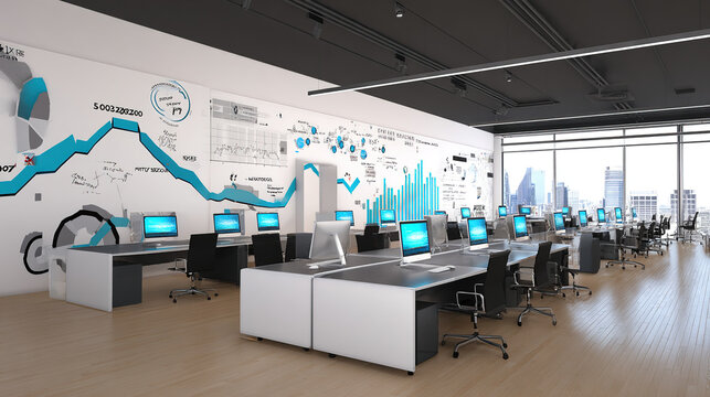 technical. Modern office workspace featuring abstract data visualizations on glowing screens. pitch deck slides, case study pages, designed for brand storytelling and e-commerce strategy.
