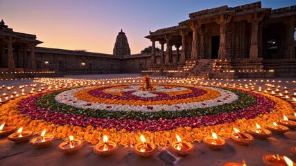 Indian festival of lights and flower rangoli at ancient temple with oil lamps