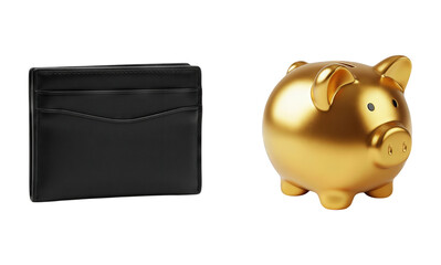 Black leather card holder wallet next to a shiny golden piggy bank isolated on white background concept for saving money personal finance wealth building
