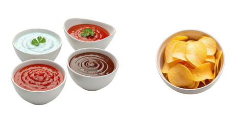 Potato chips in bowl with selection of dipping sauces including ketchup barbecue sauce white garlic sauce and salsa for party snack appetizer finger food