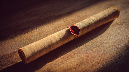 Ancient parchment scroll with wax seal, evoking historical documents on a rustic wooden surface.
