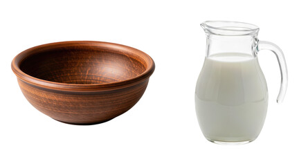Rustic Earthenware Clay Bowl next to a Clear Glass Pitcher Filled with Fresh White Milk Isolated on White Background Dairy Product Ingredient Concept Healthy