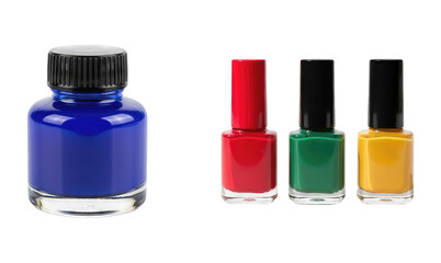 Assortment of colorful nail polish bottles vibrant blue red green and yellow with black caps isolated on white background beauty product manicure cosmetics