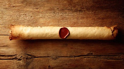 Ancient parchment scroll with wax seal, evoking historical documents on a rustic wooden surface.
