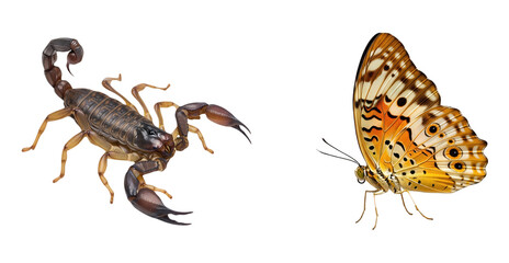 Scorpion and Orange Butterfly Contrast Isolated on White Background Dangerous Predator Versus Beautiful Insect Biology Contrast Entomology Macro View of