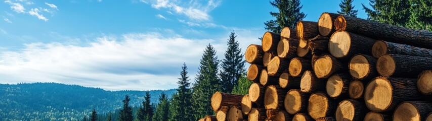 Stacked logs against a backdrop of mountains and a clear sky.
