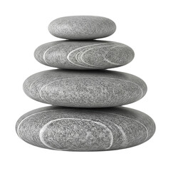 Stack of Four Smooth Grey Zen Balance Stones with White Stripes Isolated on White Background Spa Concept Harmony Meditation Calmness Stillness Pebble Tower