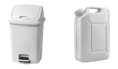 White Step Trash Can and Plastic Jerrycan Container Side by Side on White Background Household Waste Management and Chemical Liquid Storage Isolation for Design