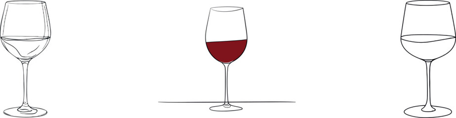 Continuous line drawing of a wine glass, isolated on white, represents modern minimalism in the design of a key beverage element