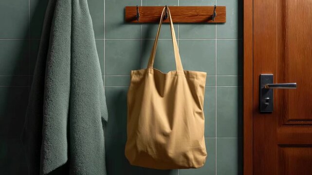 A tan canvas bag and a grey-green towel hang on a wooden rack against a tiled wall