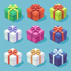 Bright isometric gift boxes with bows  colorful holiday presents from various angles