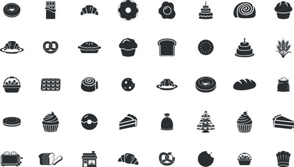 Obraz premium Bakery silhouette taype icon set.Containing, snack, dining, cookery, pizza, soda, burger,.Editable vector on transparent Background.