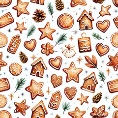 Cute seamless texture with gingerbread cookies and winter elements for packaging, fabric and stationery.