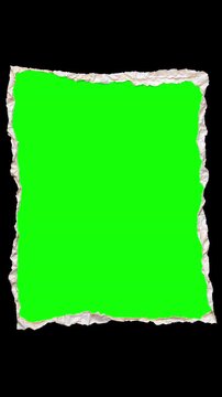 4K vertical torn paper frame with green screen placeholder on transparent alpha, ripped notebook texture with curled edges, handmade stop motion collage background for photo insert, text reveal motion