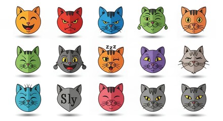 Collection of Colorful Cat Head Emojis with Various Expressions.