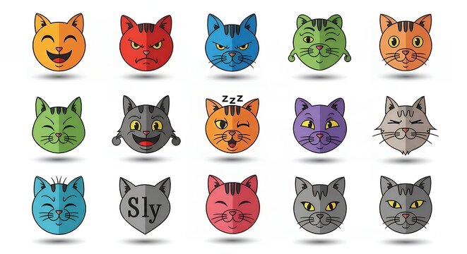Collection of Colorful Cat Head Emojis with Various Expressions.