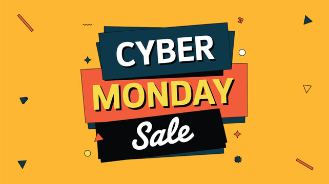 Vector art of cyber monday sale announcement with stacked text blocks in contrasting colors on a vibrant yellow background, featuring abstract shapes for a dynamic and eyecatching advertisement