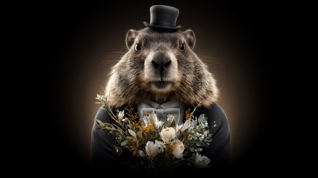 A cute groundhog on a festive spring day. Groundhog Day. A groundhog with fluffy fur. Landscape view.