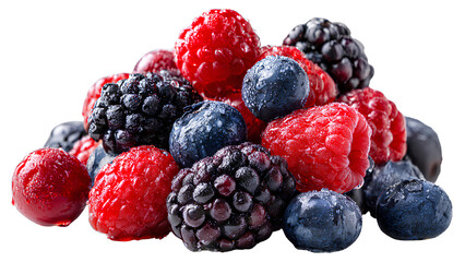 Fresh Mixed Berries Isolated on White Background &ndash; Blueberries, Raspberries, and Blackberries with Water Drops