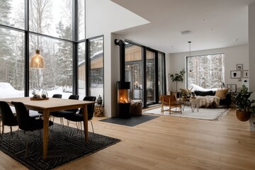 Bright, open living room with large windows showcasing winter scene