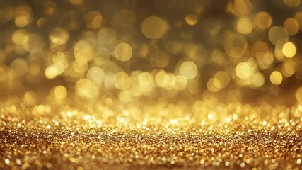 A textured surface of golden glitter in the foreground with a soft-focus background of warm circular bokeh lights - Powered by Adobe