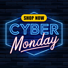 Obraz premium Vector art of cyber monday neon sign with a shop now button, glowing blue and pink lights on a dark brick wall, symbolizing online retail and special offers