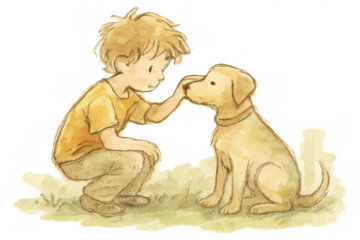 Boy and dog interacting, showing friendship, love and companionship in watercolor illustration with transparent background