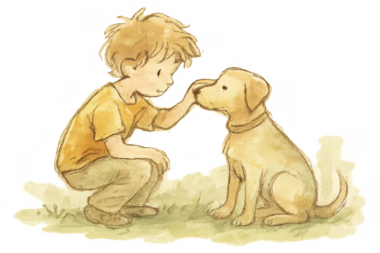 Boy and dog interacting, showing friendship, love and companionship in watercolor illustration with transparent background