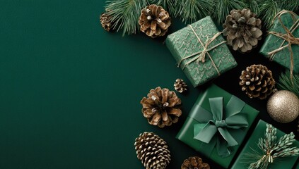 Green gifts, pinecones, branches on dark green background, top-down view