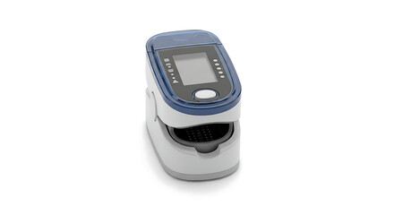 Portable fingertip pulse oximeter for measuring blood oxygen saturation and heart rate, isolated on a white background