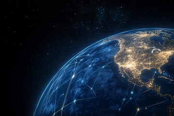 Obraz premium Global Digital Network Connections Illuminate North America, Powering International Business Growth