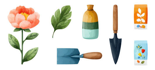 Beautiful Watercolor Garden Elements Including Flower, Leaves, Tools, and Decorative Items