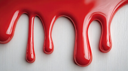 Red paint dripping on white wall, glossy liquid texture, abstract art concept, creative background, vibrant color, smooth surface