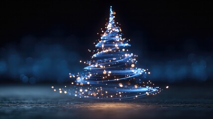 Blue Light Spiral Christmas Tree With Glowing Sparkles On Dark Background. Futuristic Holiday Visual For Modern Winter Design Concepts