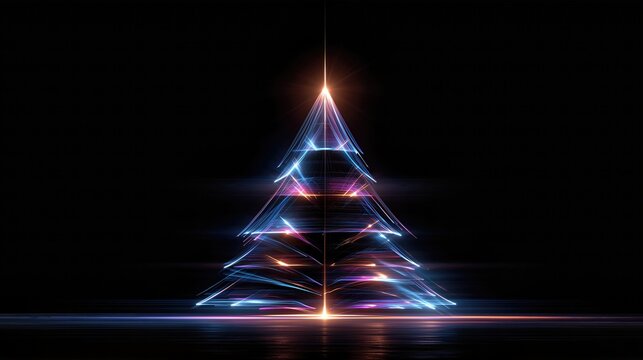 Futuristic Neon Light Tree Structure On Black Background. Glowing Triangle Form Christmas Tree With Digital Energy Lines. Holiday Tech Visual