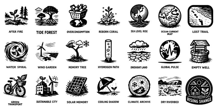 気候変動ピクトグラムセット &ndash; 地球温暖化と再生エネルギー、Climate Change Pictogram Set 、
