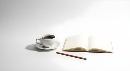 Minimalist coffee cup and open notebook mockup on white background