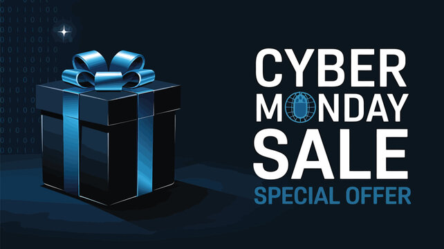 Vector art of cyber monday sale special offer with gift box and blue ribbon on dark background with digital pattern, online shopping promotion concept
