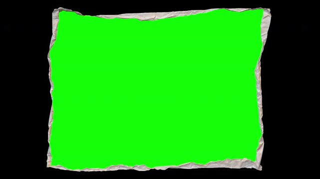 4K horizontal ripped paper cutout with green screen placeholder and folded paper texture, transparent alpha background for animation overlay, motion graphics, handmade craft design or creative title