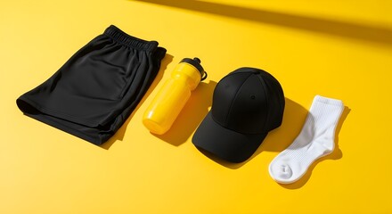Naklejka premium Sport accessories and clothing mockup with yellow bottle and black cap on yellow background