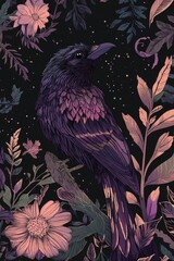 Detailed illustration of bird surrounded by vibrant flowers, showcasing intricate textures and colors, with decorative background, emphasizing nature's beauty and artistic expression.