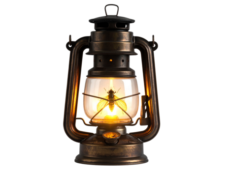 Ornate Antique Lantern with Glowing Firefly Light isolated on transparent background