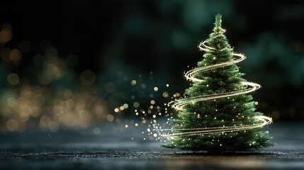 Classic Green Christmas Tree With Magical Twinkling Light Swirl. Soft Glow Holiday Background For Greeting Cards And Seasonal Campaigns