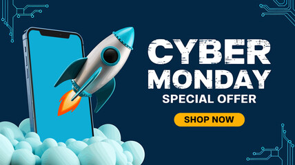 Vector art of cyber monday special offer, a smartphone with a rocket launching from it, symbolizing fast delivery and online shopping deals