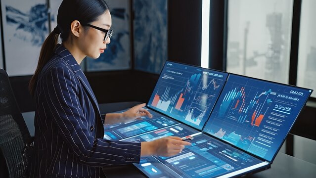 Businesswoman Analyzing Digital Financial Graphs On Interactive Touchscreen Desk. Innovation And Technology Concept