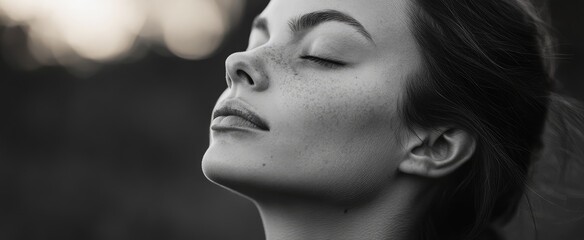 A serene portrait of a woman in monochrome.