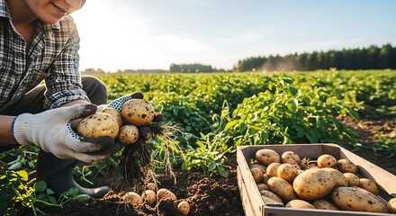 Harvesting Potatoes - A Farmers Hands Sorting Freshly Dug Potatoes in a Field.