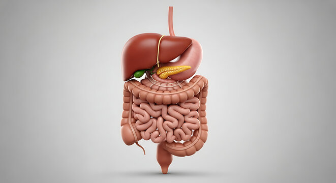 A realistic 3D illustration of the human digestive system, showcasing the liver, stomach, pancreas, small and large intestines, and gallbladder against a neutral background.
